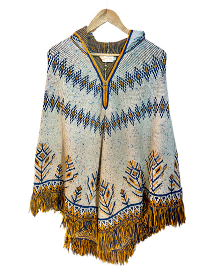 1970s Orange-Blue Fringe Hooded Cape