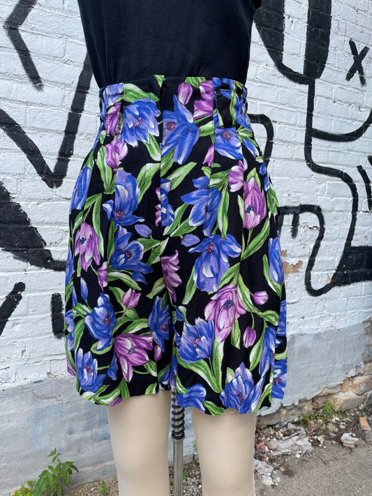 1980s Black Purple Painterly Floral Rayon Shorts