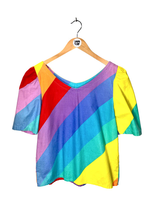 1970s Rainbow Cotton Diagonal Stripe Puff Sleeve Top