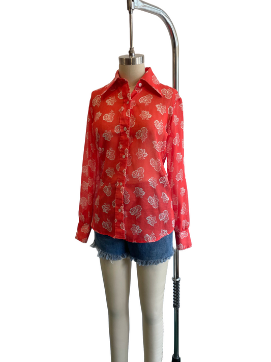 1970s 'Levi's' Red White Floral Sheer Voile Dagger Collar Shirt