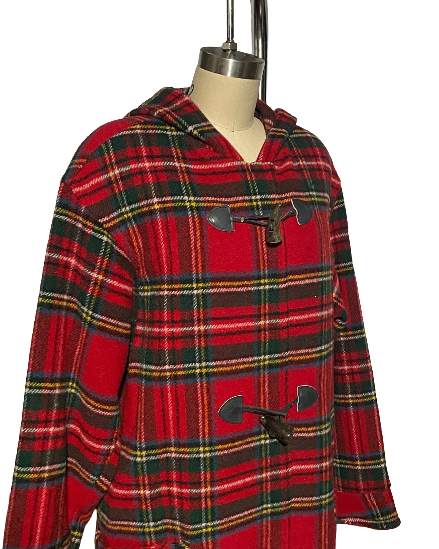 1990s Eddie Bauer Red Wool Plaid Toggle Button Coat