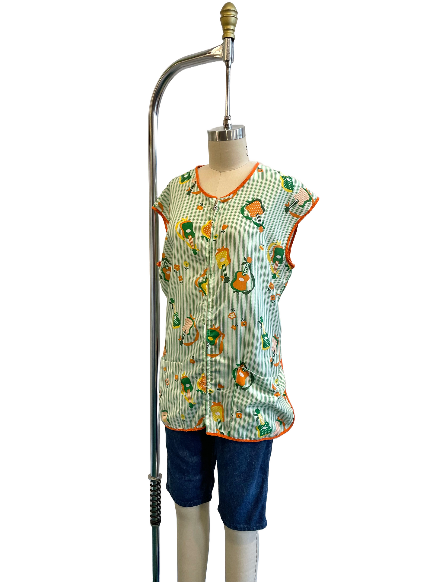 1960s Green Orange Yellow Guitar Stripe Novelty Zip Smock