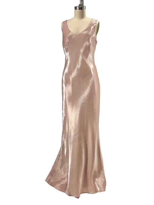 1990s Blush Pink Metallic Effect Bias Cut V-Neck Gown