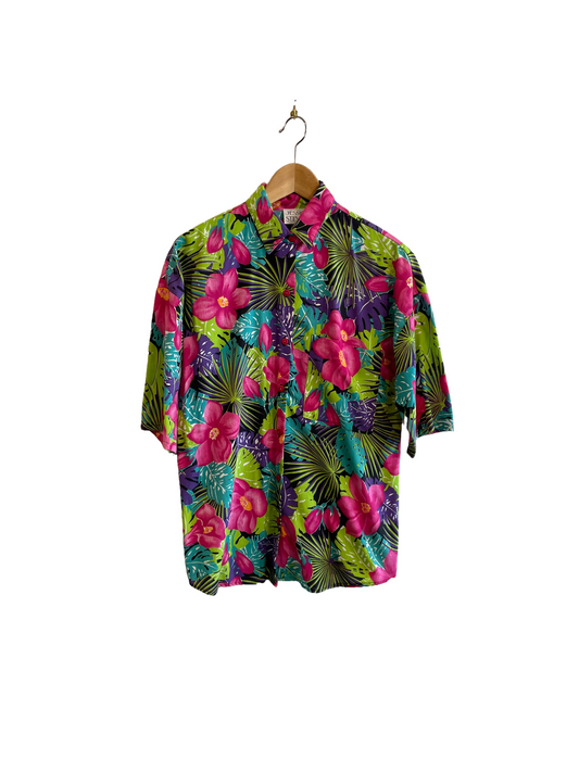1980s Magenta Jungle Print Cotton Structured Blouse