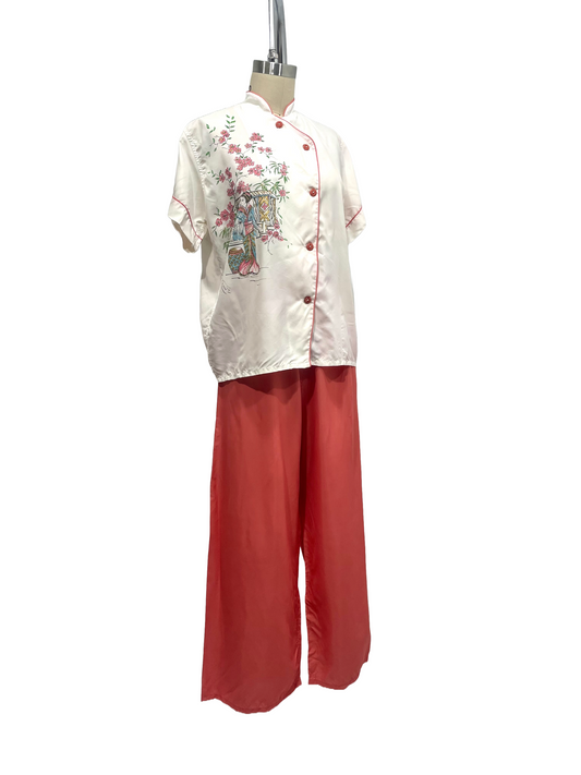 1950s White Coral Souvenir Print Rayon Pajama Set
