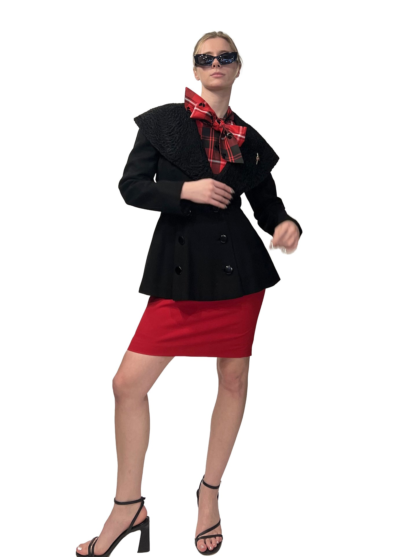 1950s Black Wool Felt Wide Lambs Fur Collar Fit & Flare Coat