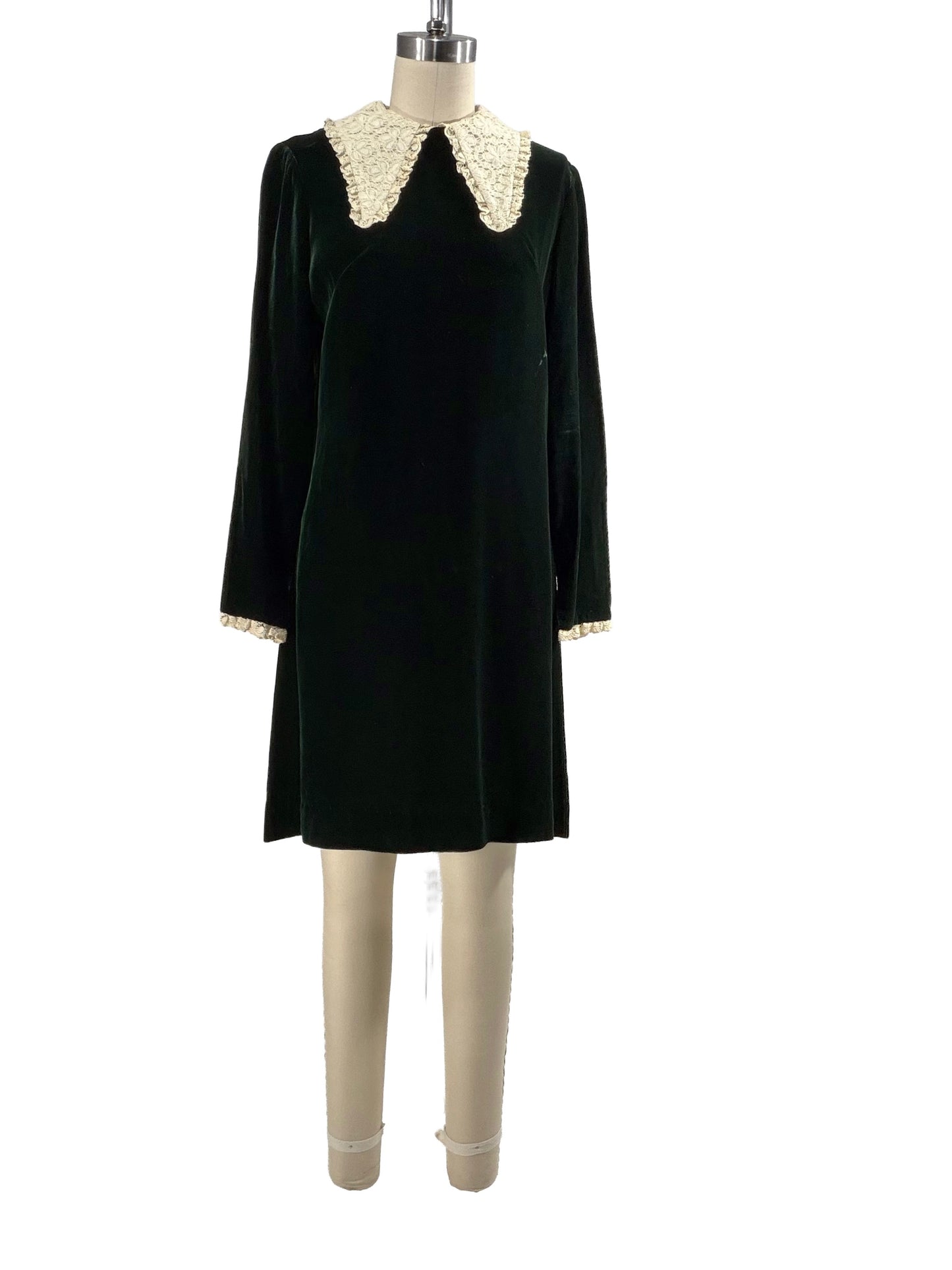 1970s Deep Green Velvet Babydoll Mini Dress