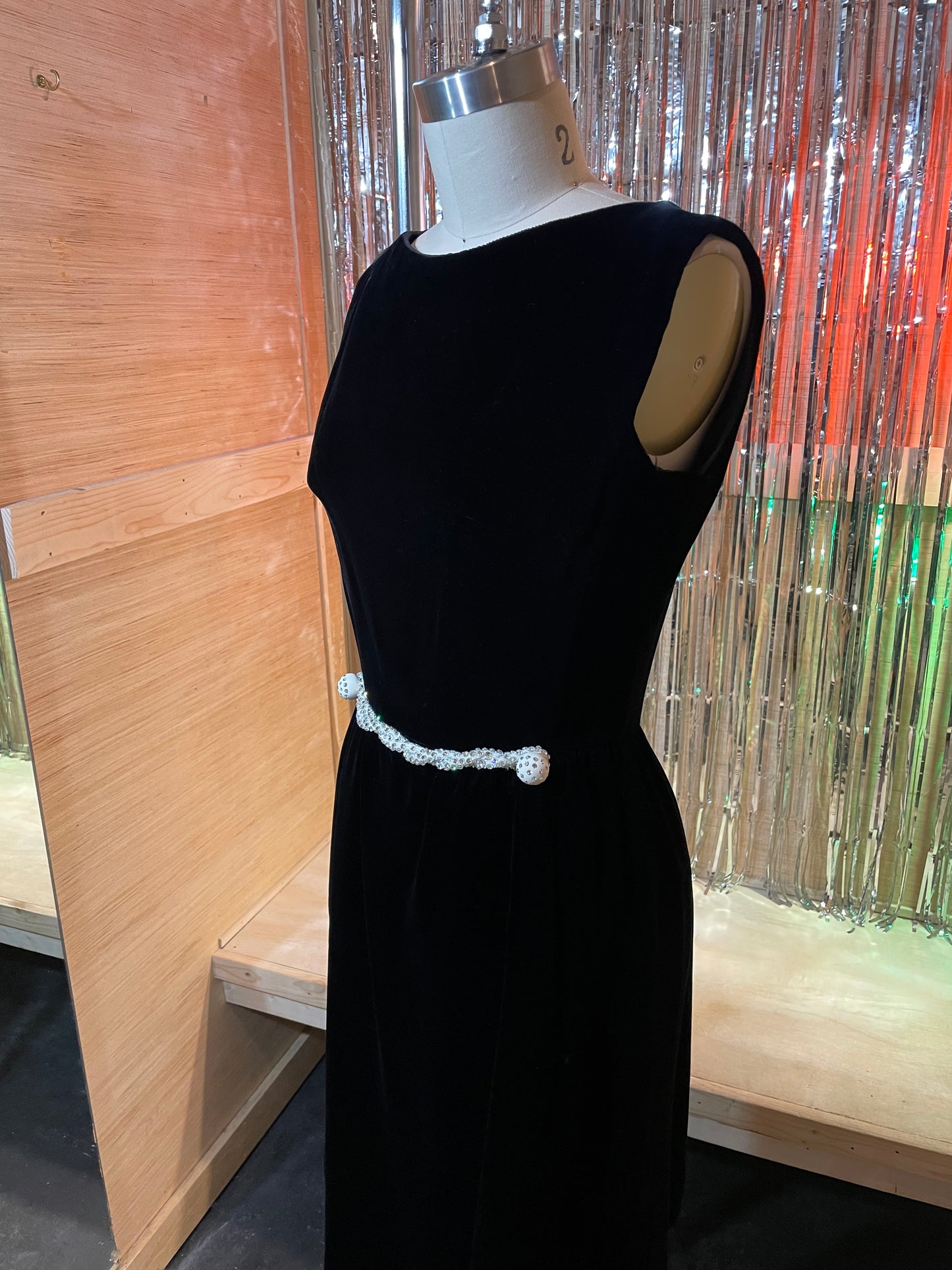 1960s Black Velvet White Rhinestone Belt Detail Mod Party Dress