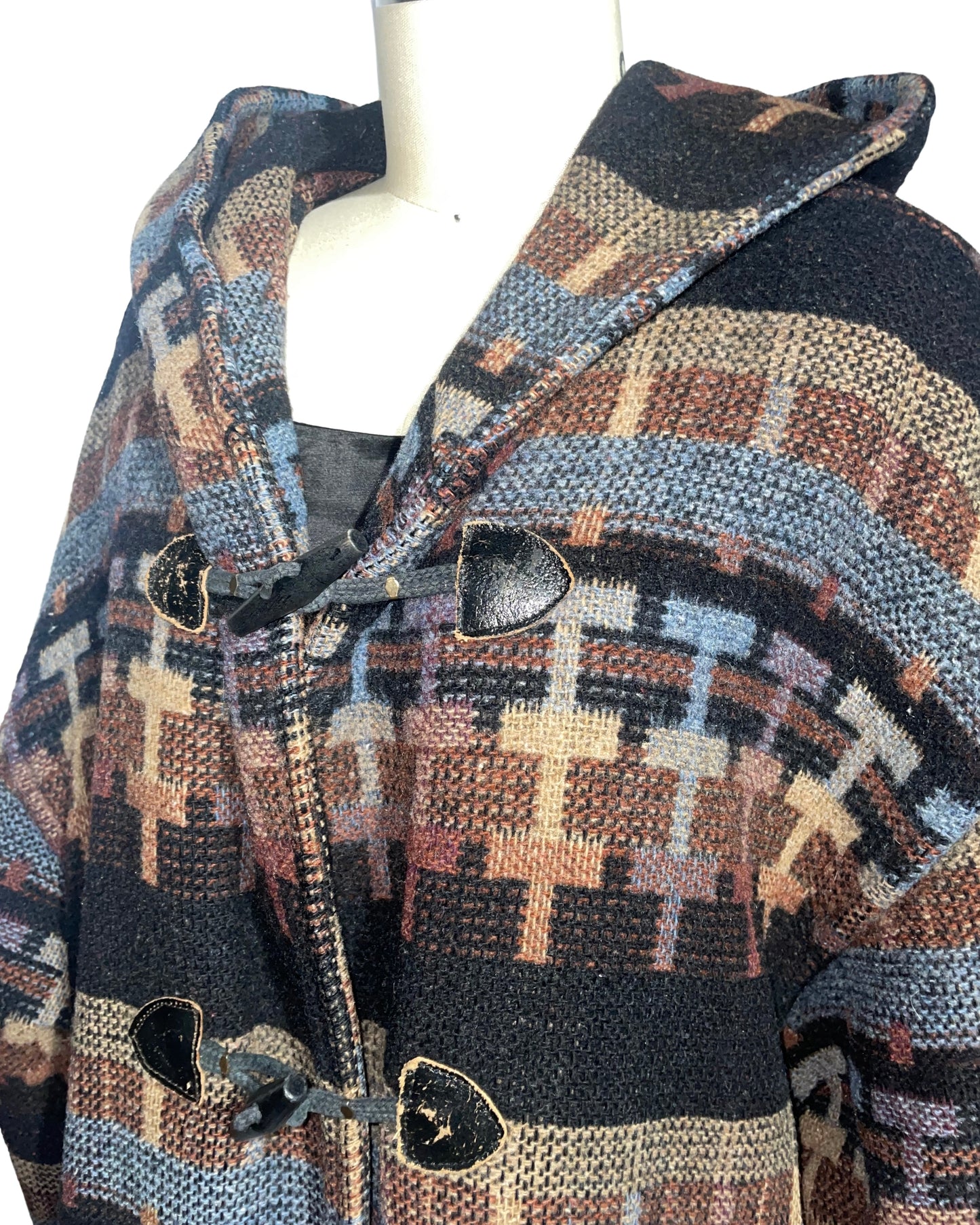 1980s Brown, Blue and Black Wool M Lyman Co. Hooded Toogle Coat