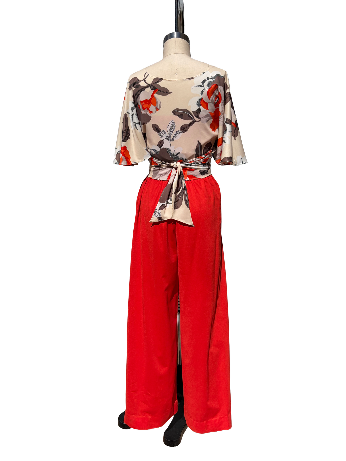 1970s Mandarin Orange Poly Wrap Poncho Top Strapless Jumpsuit Set