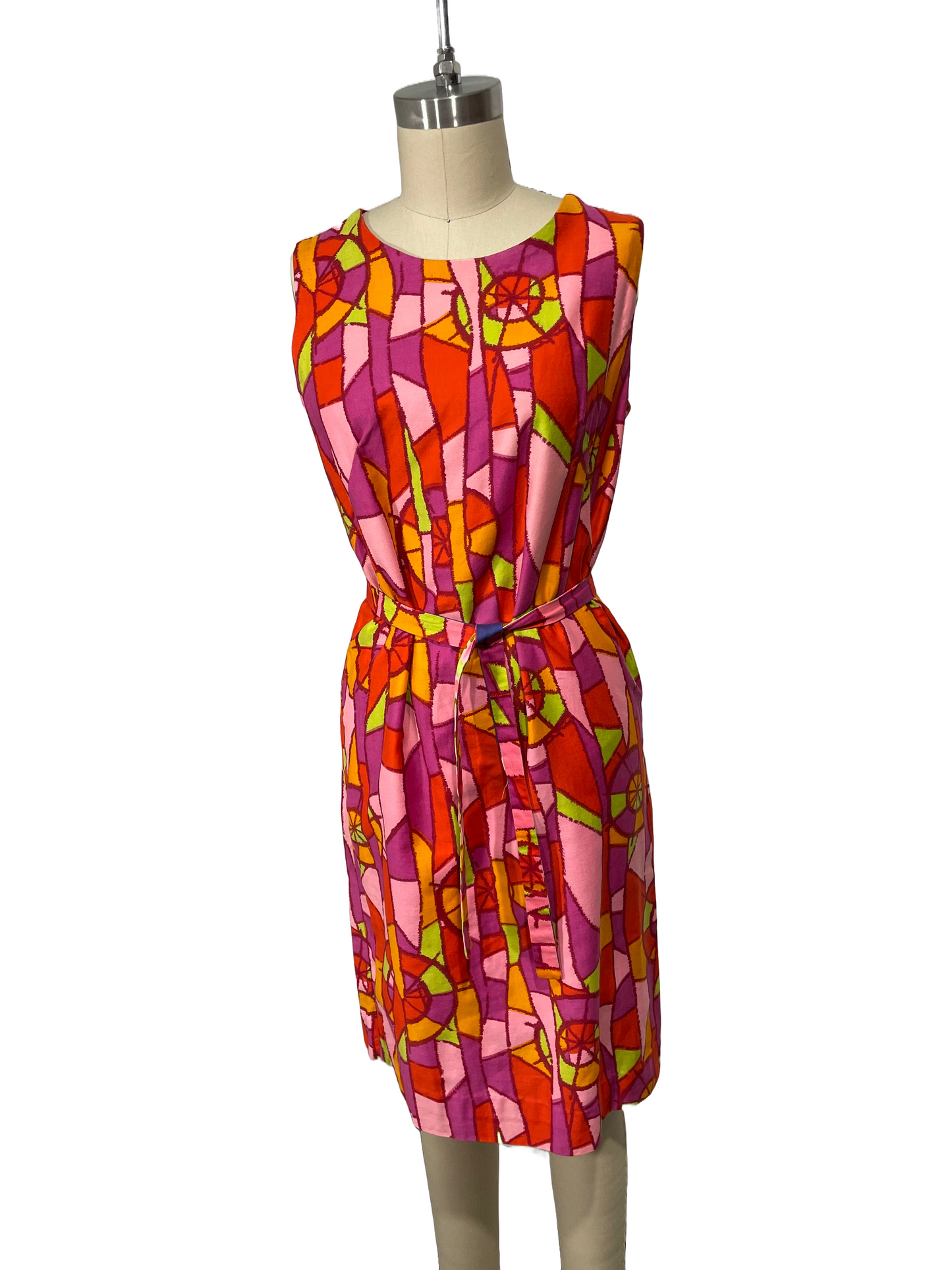 1960s Red Pink Stained Glass Cotton Sateen Shift Dress