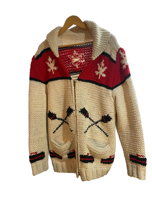 1960s Hand-Knit Wool Cream Red Black Curling Motif Cowichan-Style Cardigan