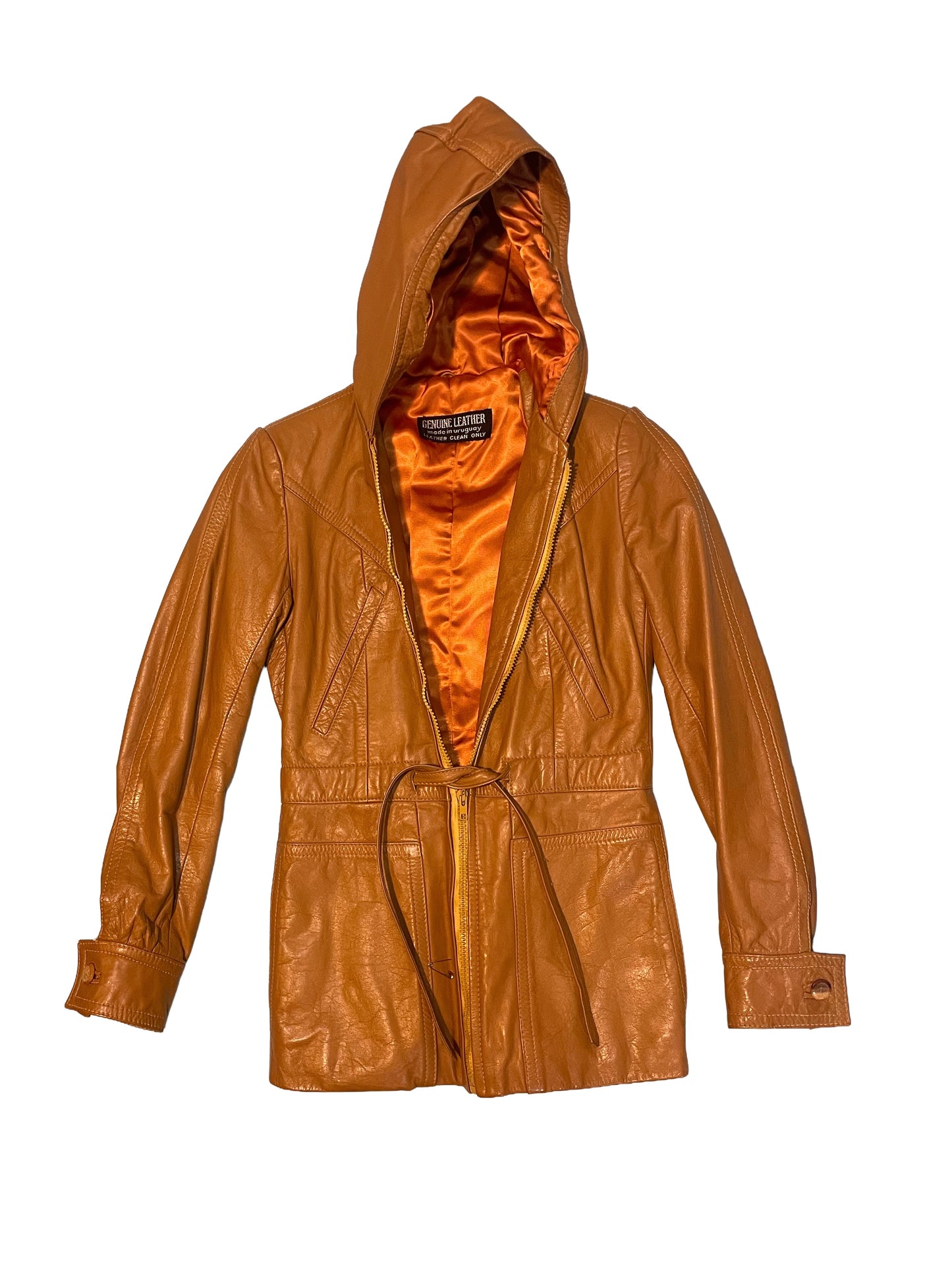 1980s Caramel Leather Satin-Lined Hooded Tie Waist Jacket