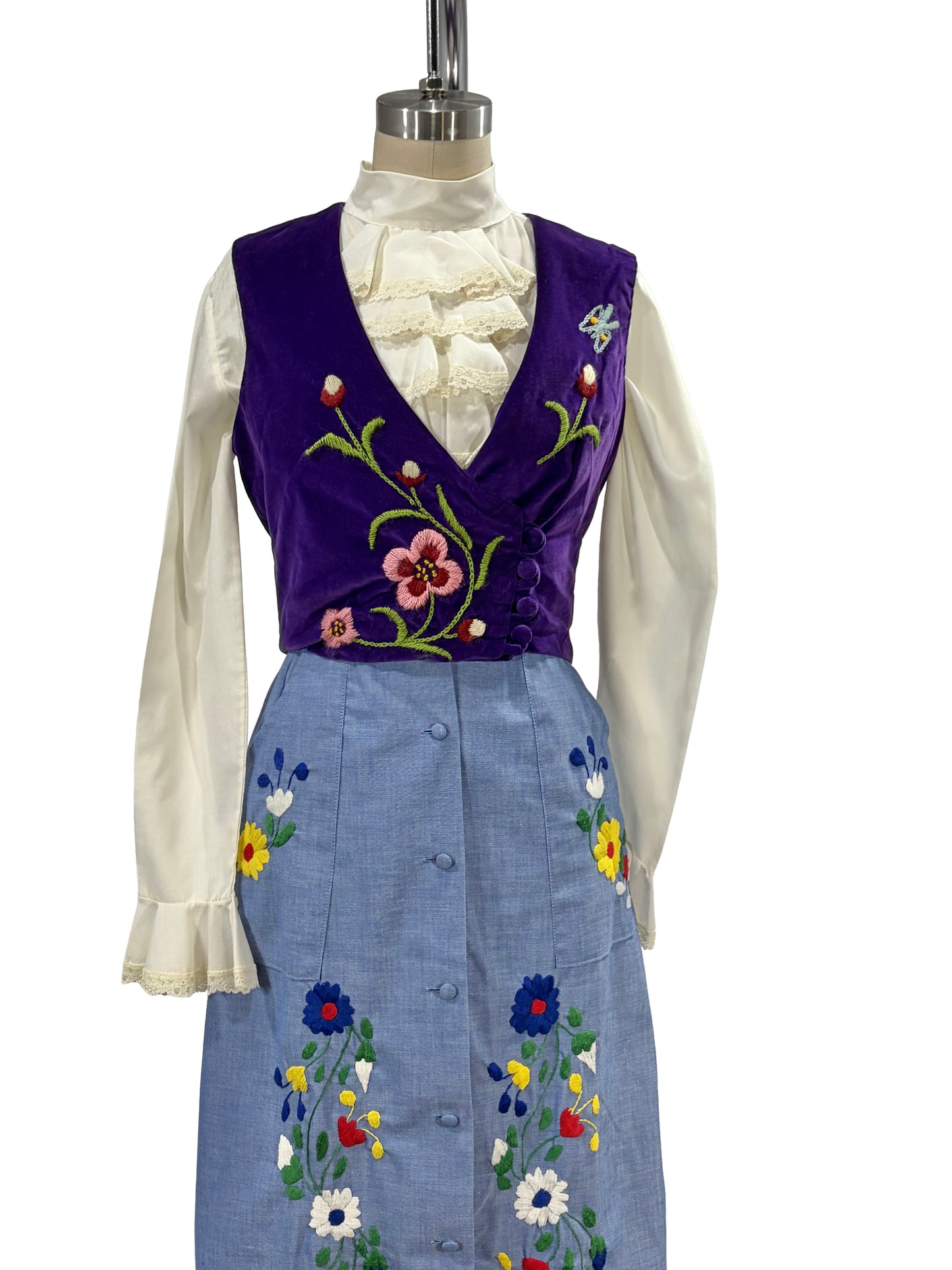 1970s Royal Purple Velvet Embroidered Asymmetrical Bodice