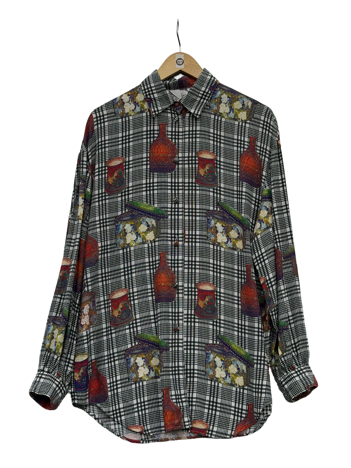 1990s Silk-Rayon White Black Plaid Novelty Bottles & Tins Print Blouse
