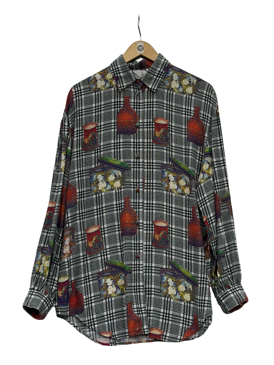 1990s Silk-Rayon White Black Plaid Novelty Bottles & Tins Print Blouse