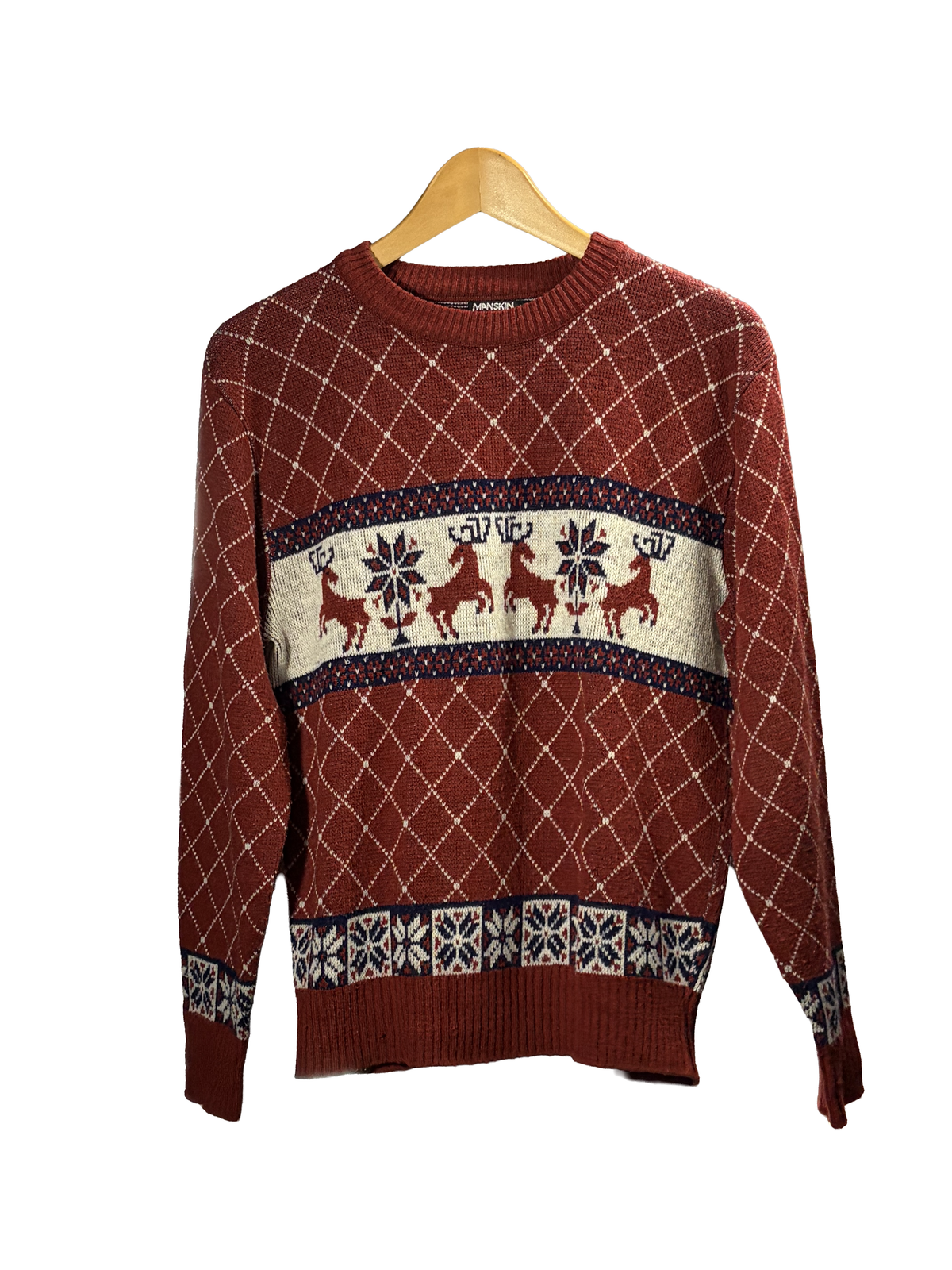 1970s 40s-inspired Rust Deer Fair Isle Acrylic Ski Sweater