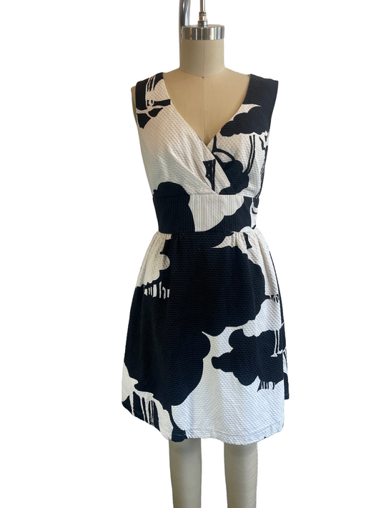 1970s Black White Textured Cross Bust 'Malia' Mini Dress