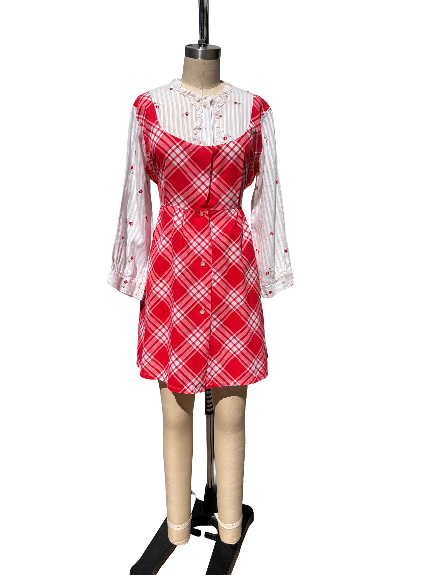 1970s Red Check Frilly Layered Look Cotton Babydoll Dress