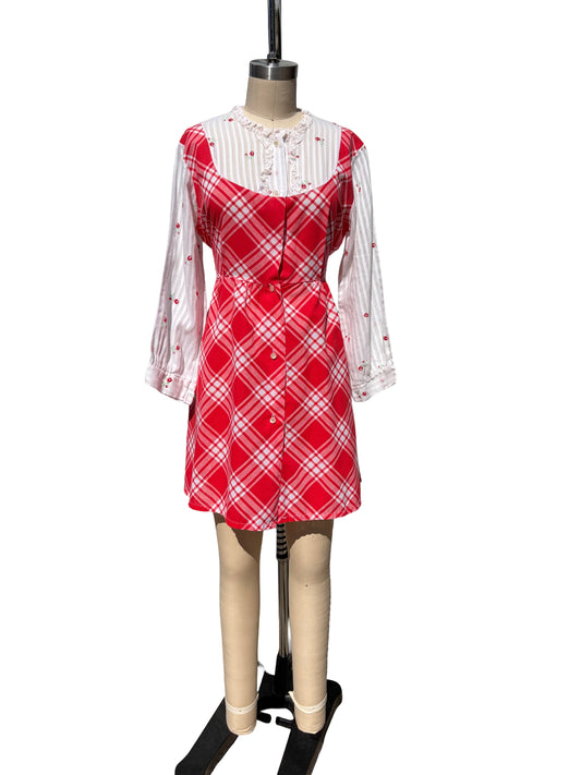 1970s Red Check Frilly Layered Look Cotton Babydoll Dress