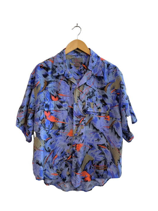 1980s Indigo Coral Brushstroke Silk Blouse