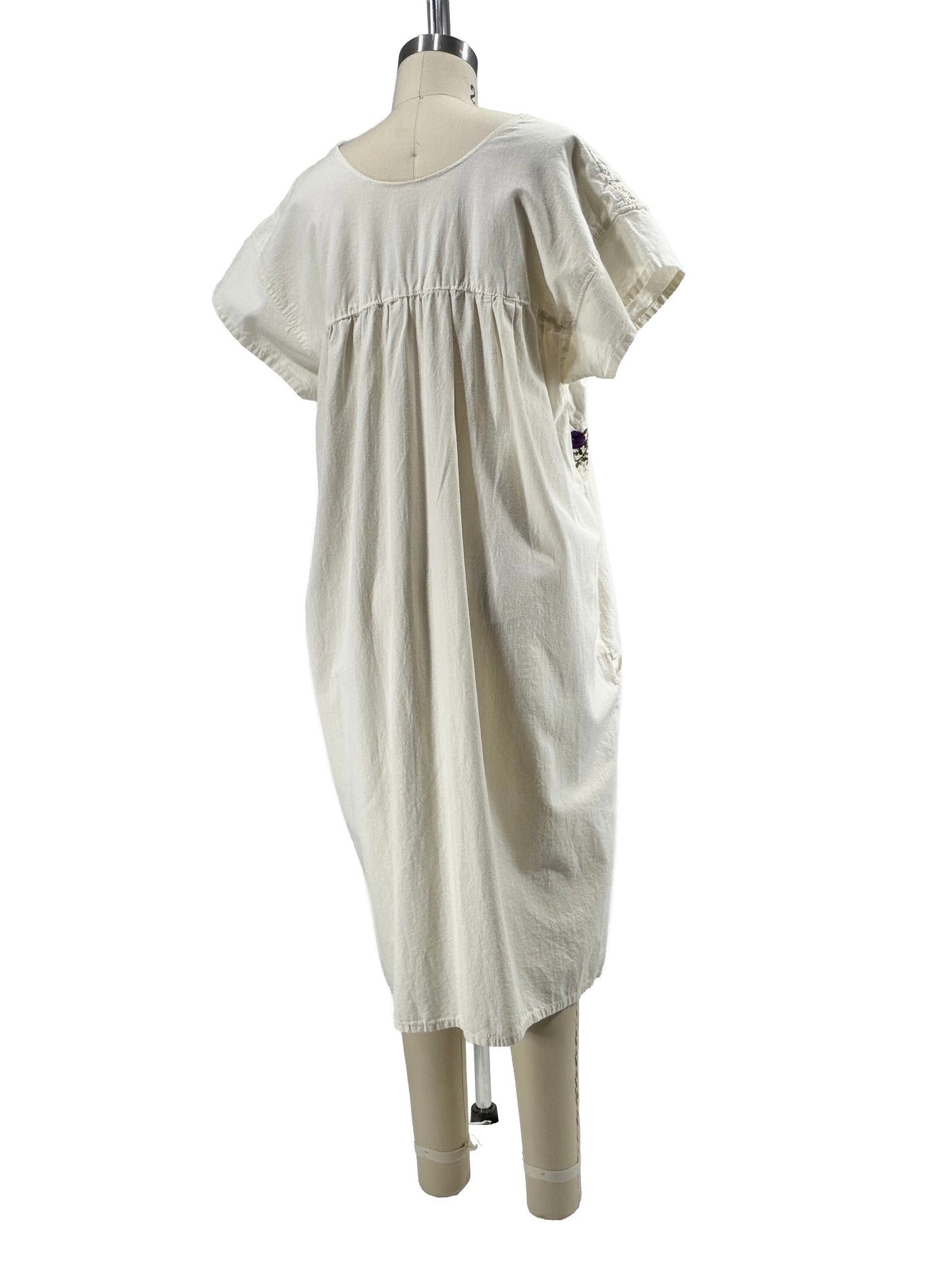 1970s White Gauzy Embroidered Smock Dress