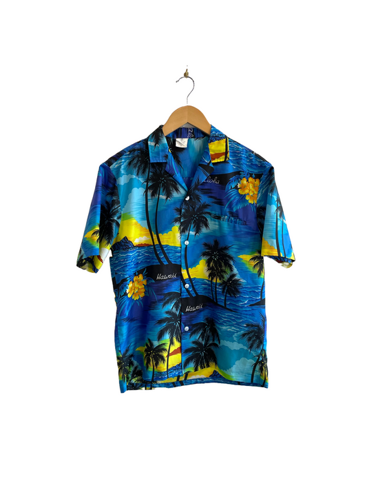 1990s Blue Yellow Hawaiian Palm Tree Silhouette Leisure Shirt