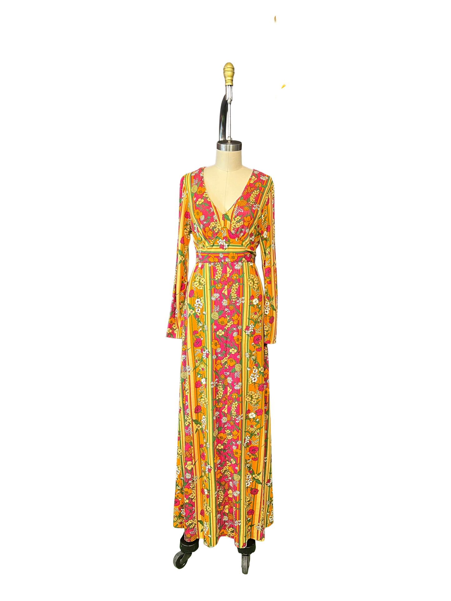 1970s Yellow Pink Orange Green Floral Stripe Cotton Fine Knit Maxi Dress
