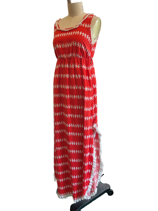 1970s Red Novelty Print Lace Trim Cotton Maxi Dress