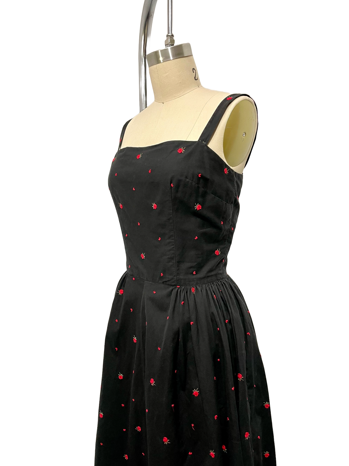 1970s Black Cotton Embroidered Rose Cotton Tank Dress