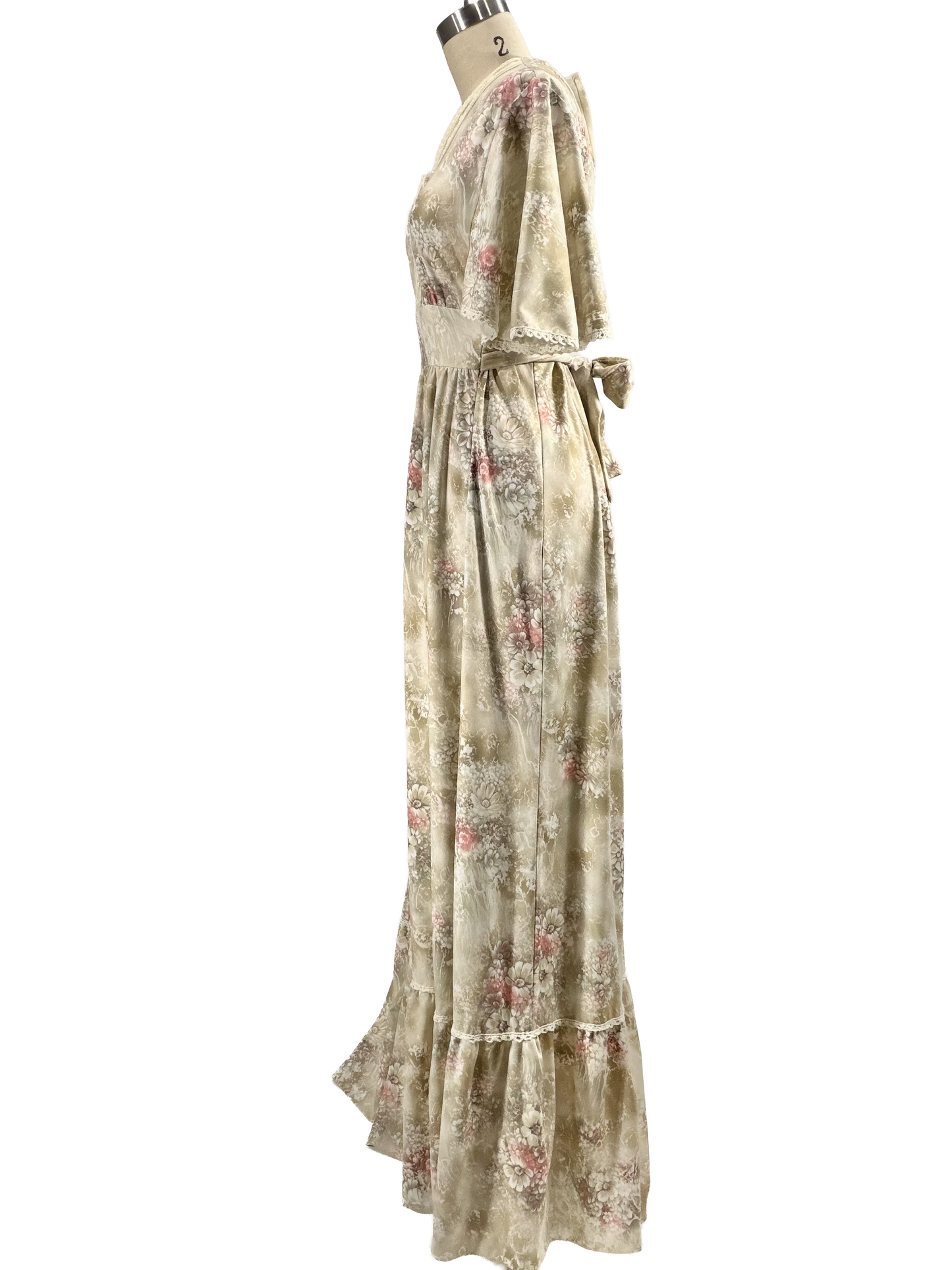 1970s Beige Pink Floral Lace-Up Bodice Cape Sleeve Maxi Dress