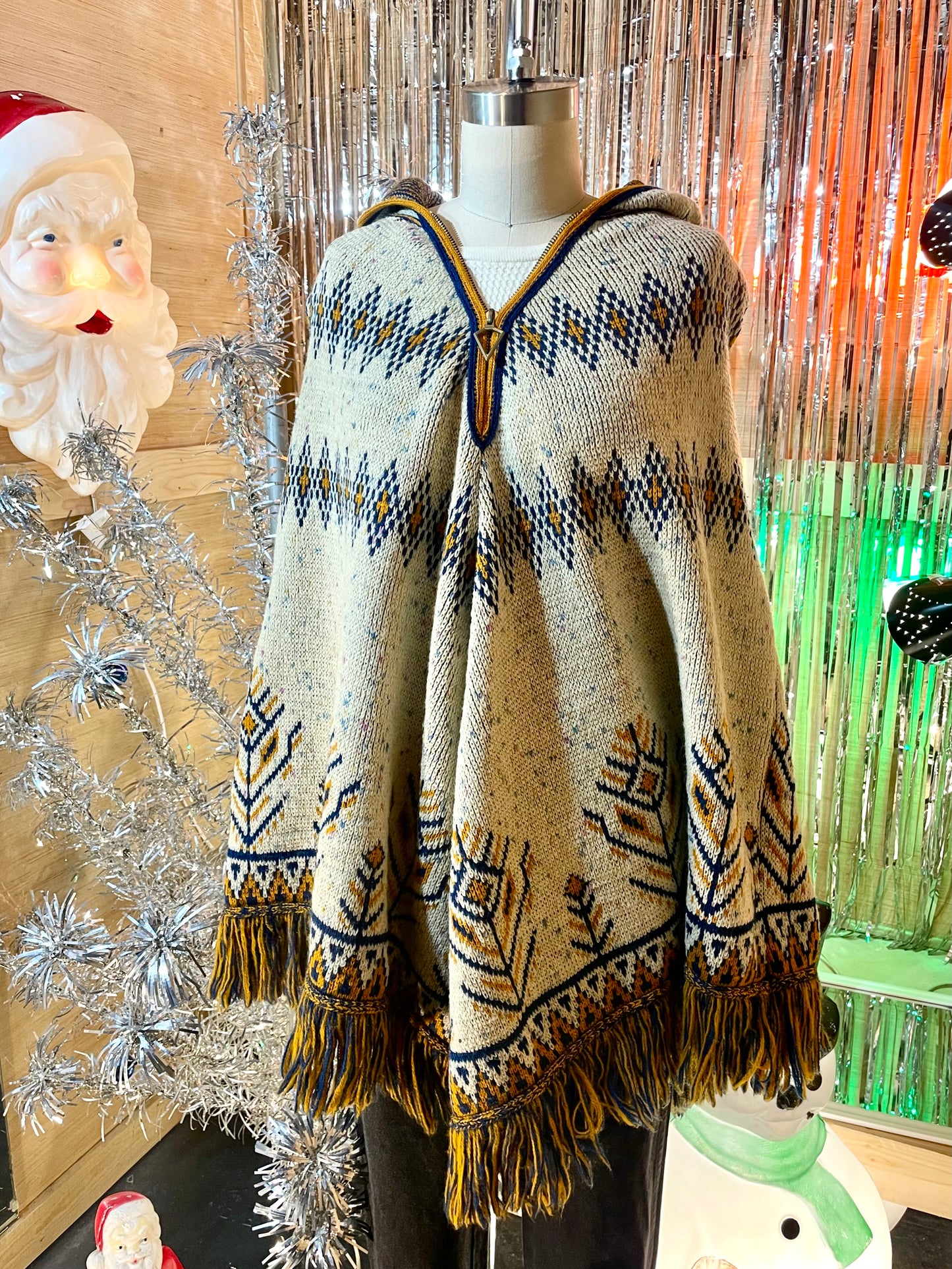 1970s Orange-Blue Fringe Hooded Cape