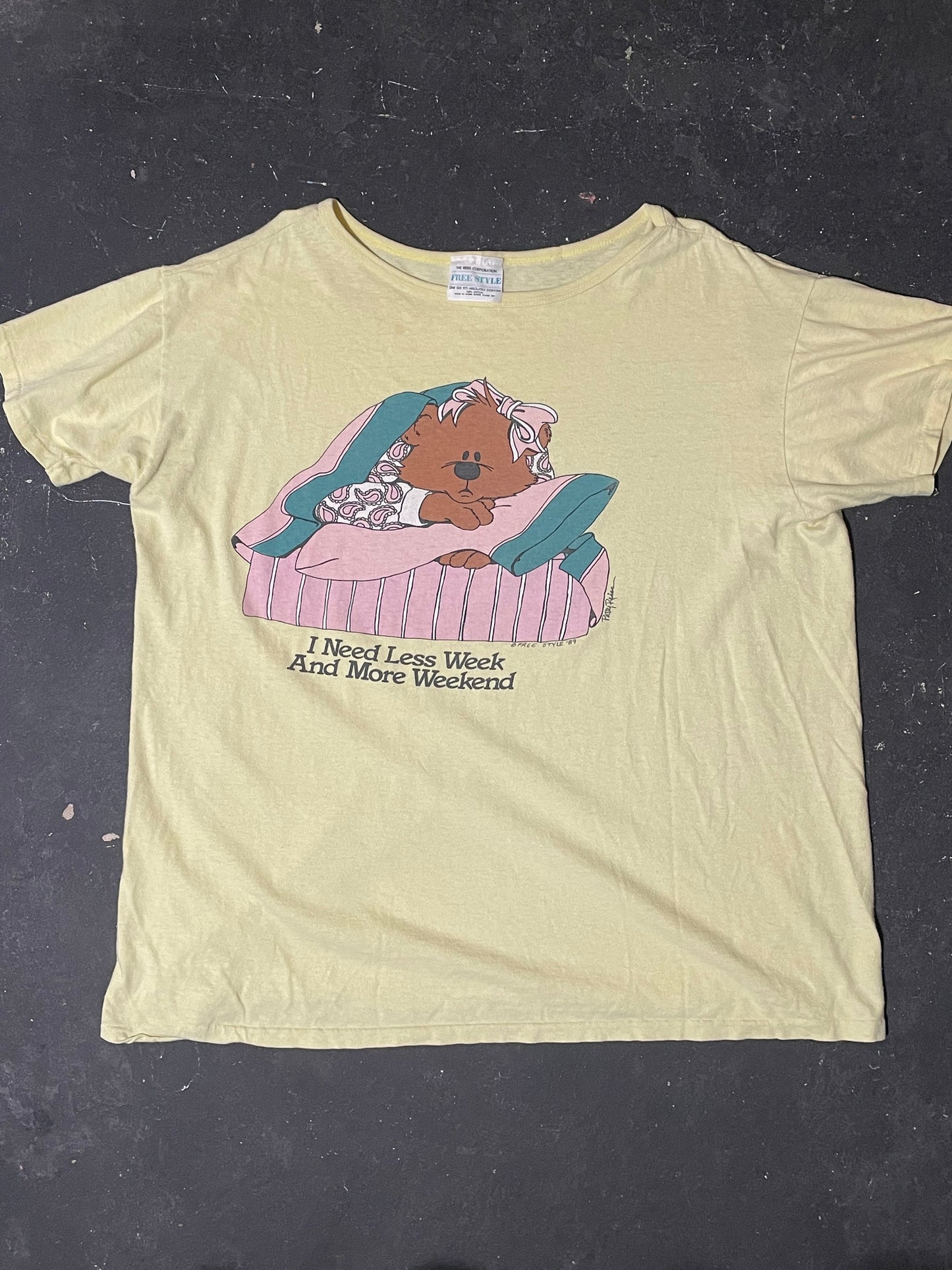 1980s Pale Yellow ‘Need More Weekend’ Bear PJ Tee