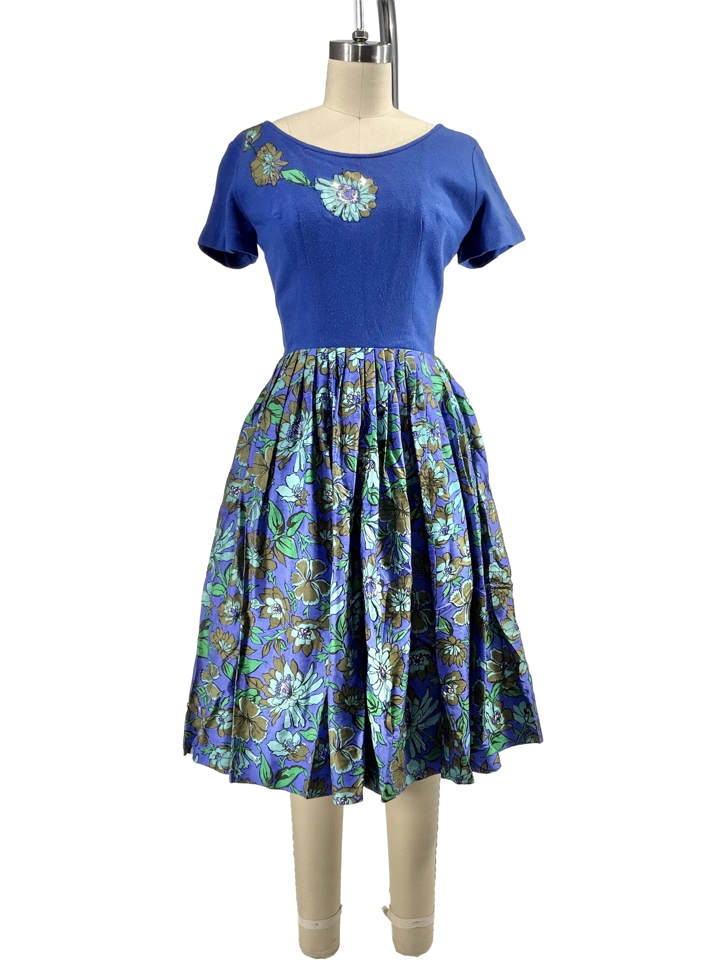 1950s Blue Green Floral Appliqué Wool Silk Dress