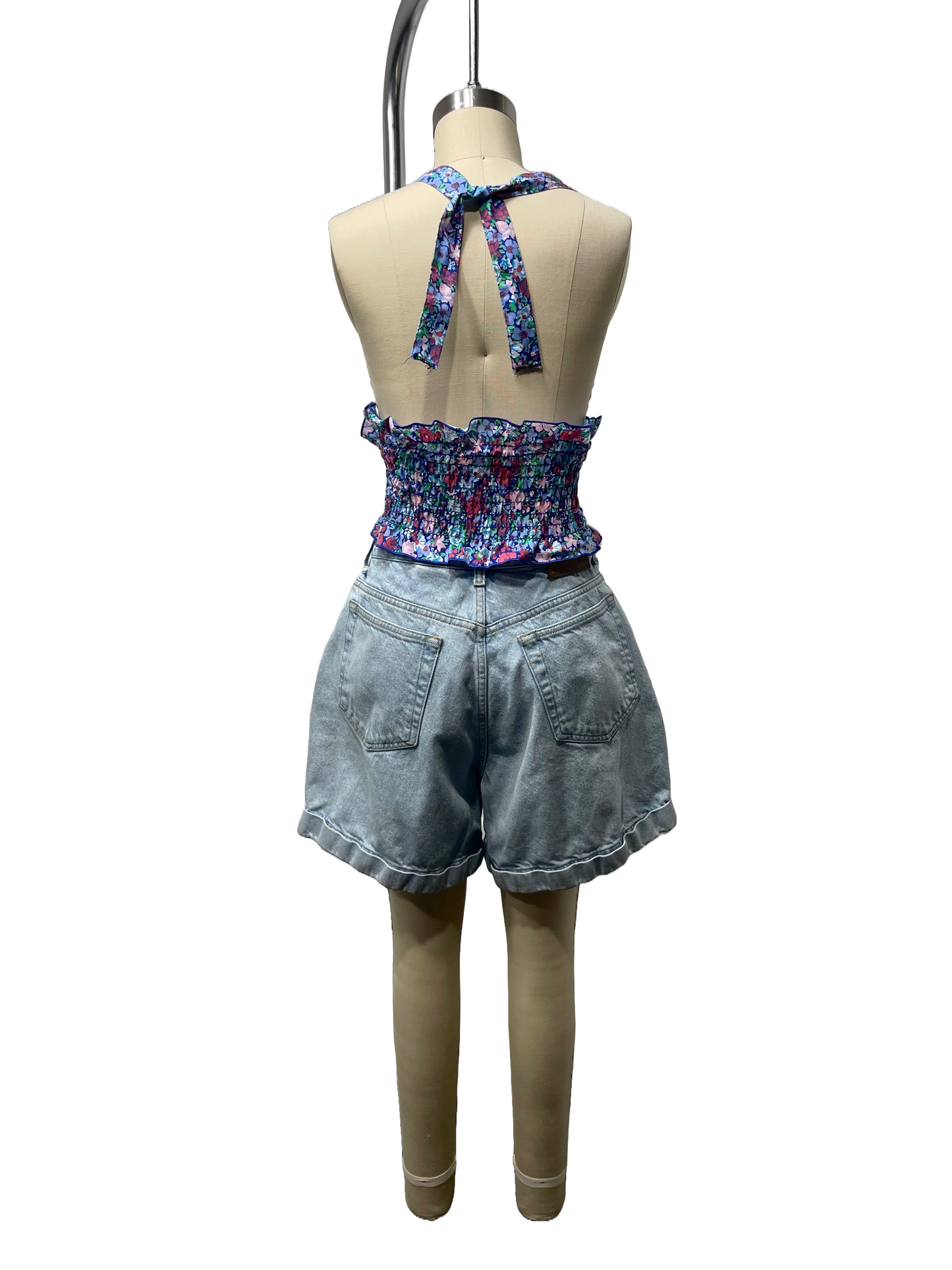 1980s Does 1950s Blue Pink Floral Eyelet Ruffle Trim Halter Top