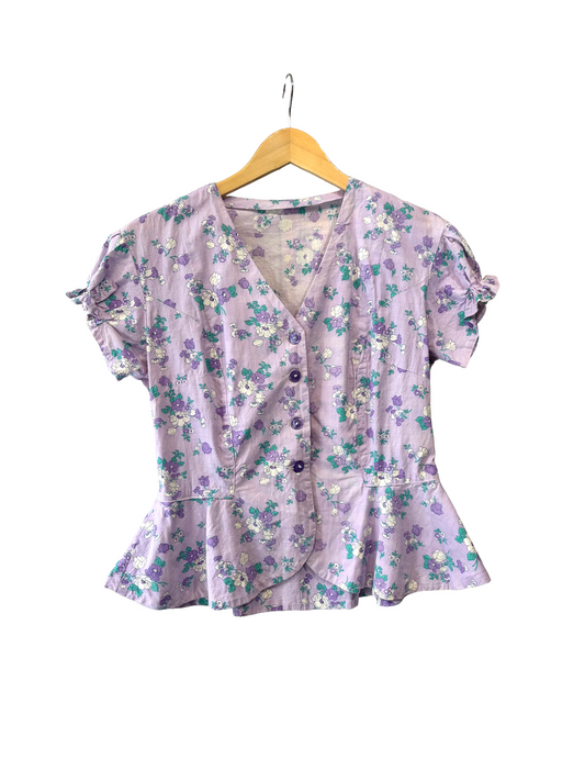 1970s-does-1940s Handmade Lilac Cotton Peplum Blouse