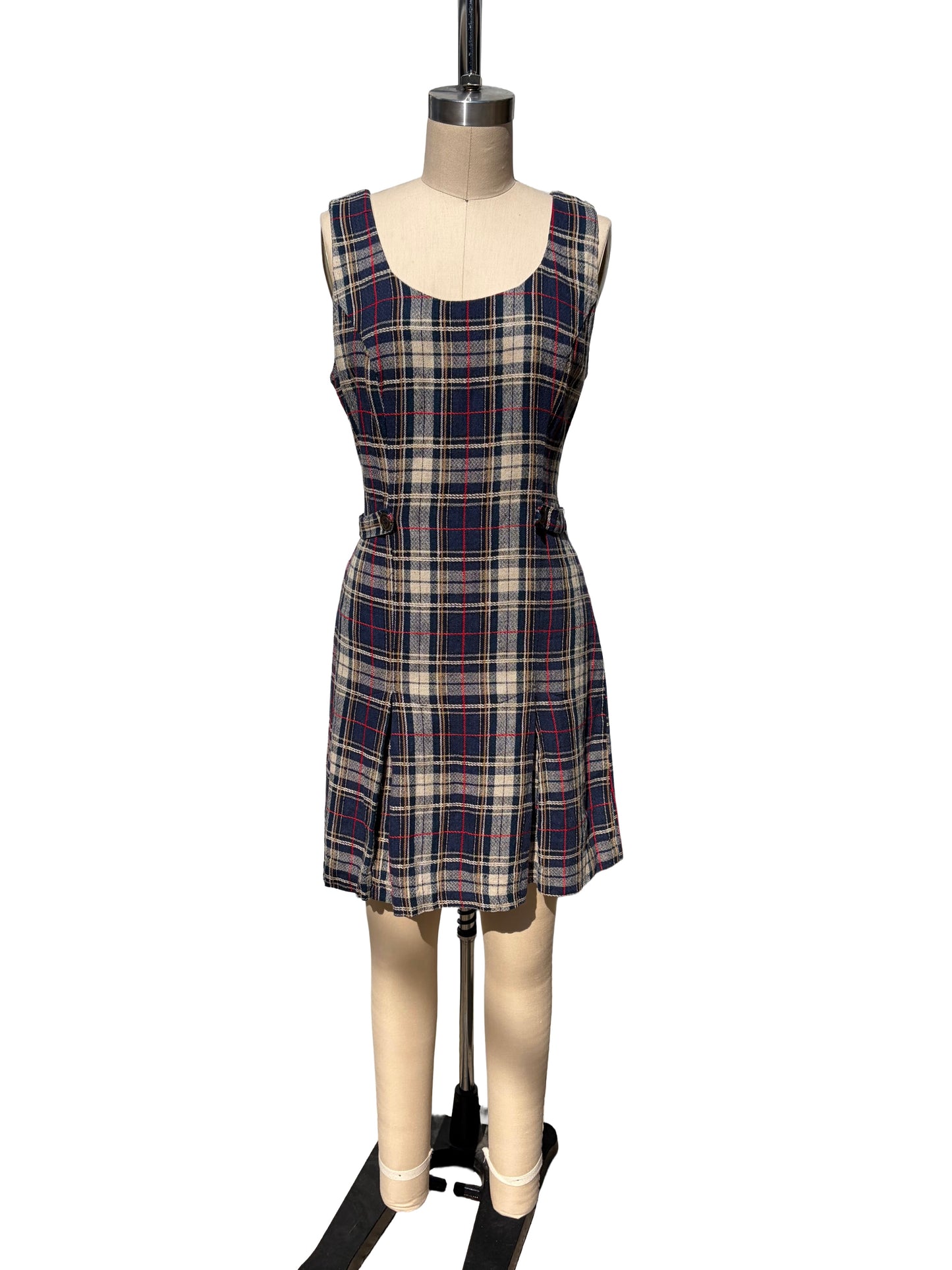 1990s Navy Tan Check Textured Scooter Dress