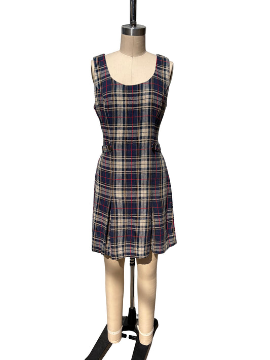 1990s Navy Tan Check Textured Scooter Dress
