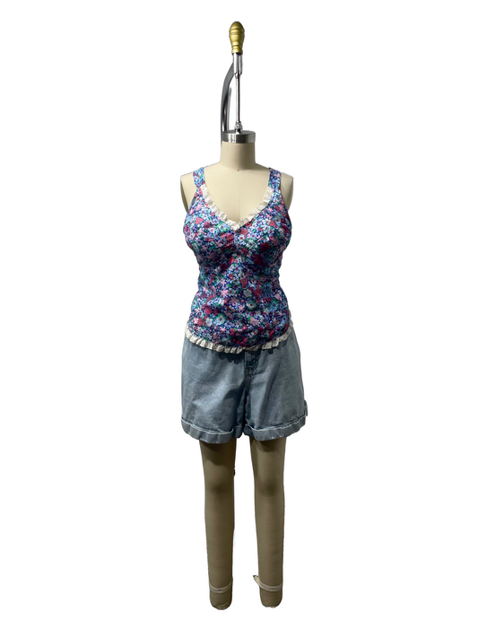 1980s Does 1950s Blue Pink Floral Eyelet Ruffle Trim Halter Top