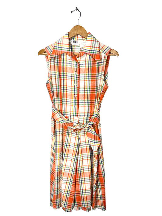 1970s Orange Plaid Saba Sleeveless Fit and Flare Dress