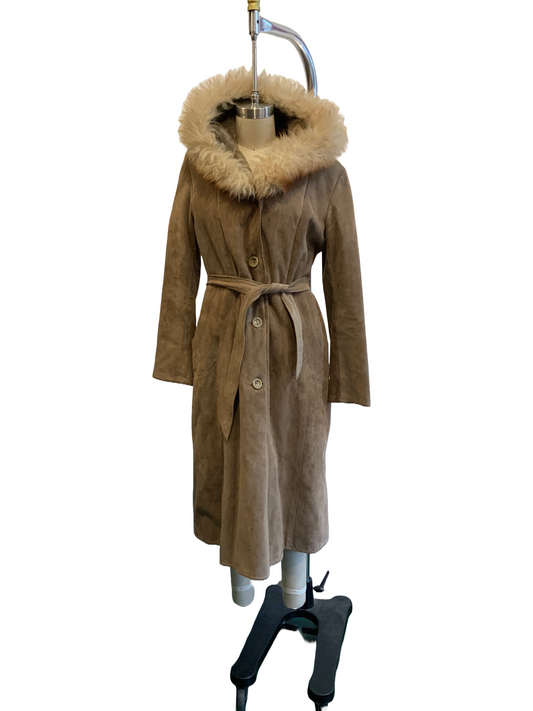 1970s Tan Suede and Fur Fleece-Lined Belted Coat