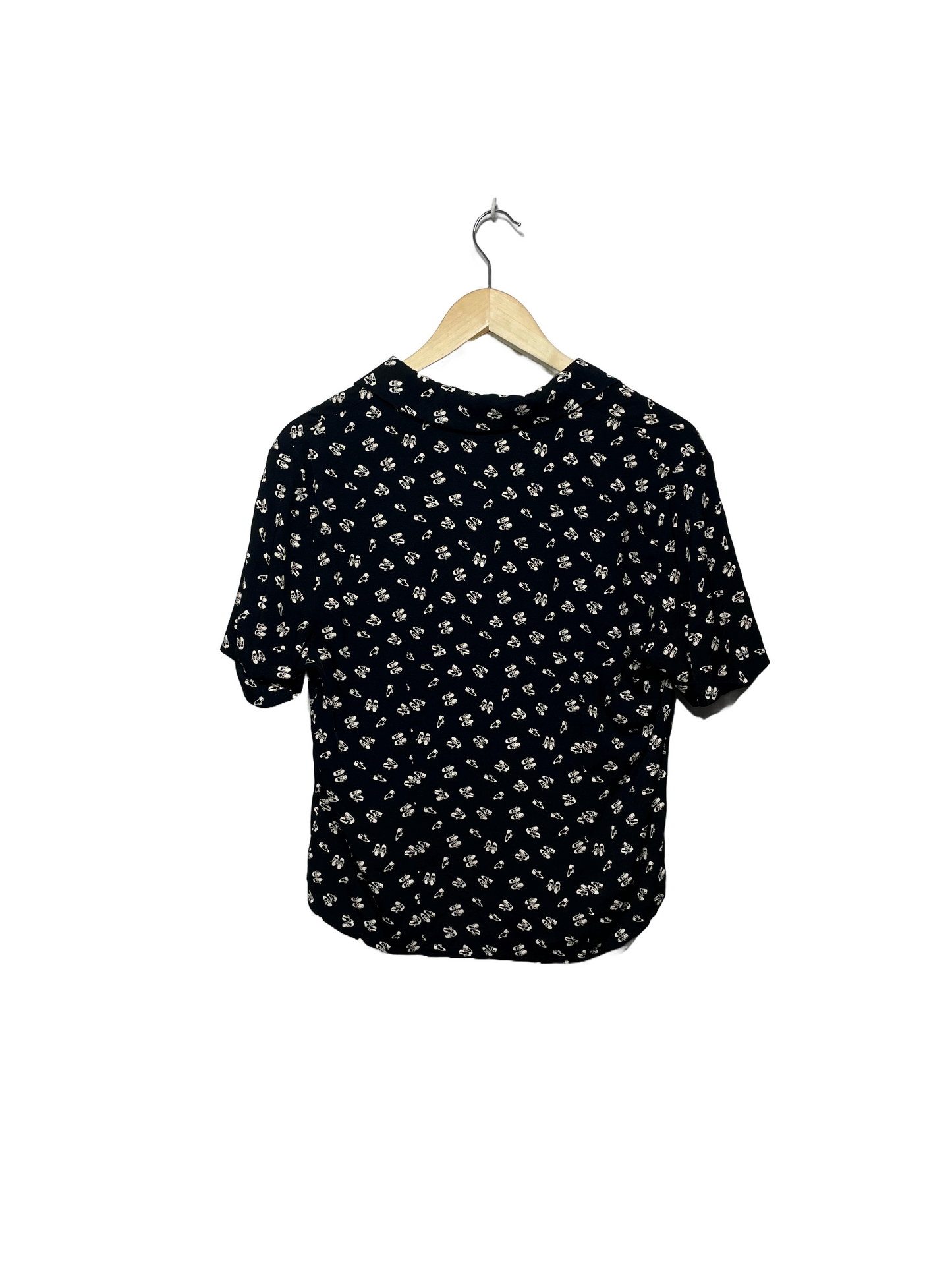 1990s Black White Shoe Print Rayon-Blend Blouse