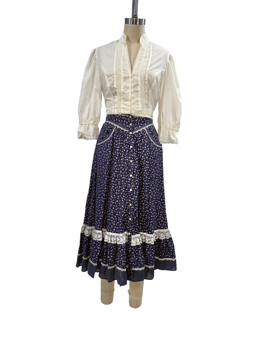 1970s Navy Gunne Sax Calico Print Lace Cotton Prairie Skirt