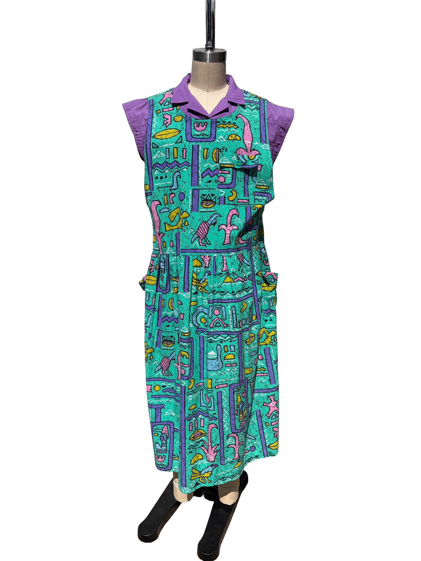 1980s Teal Purple Cracked Hieroglyphics Motif Cotton Jumper Dress
