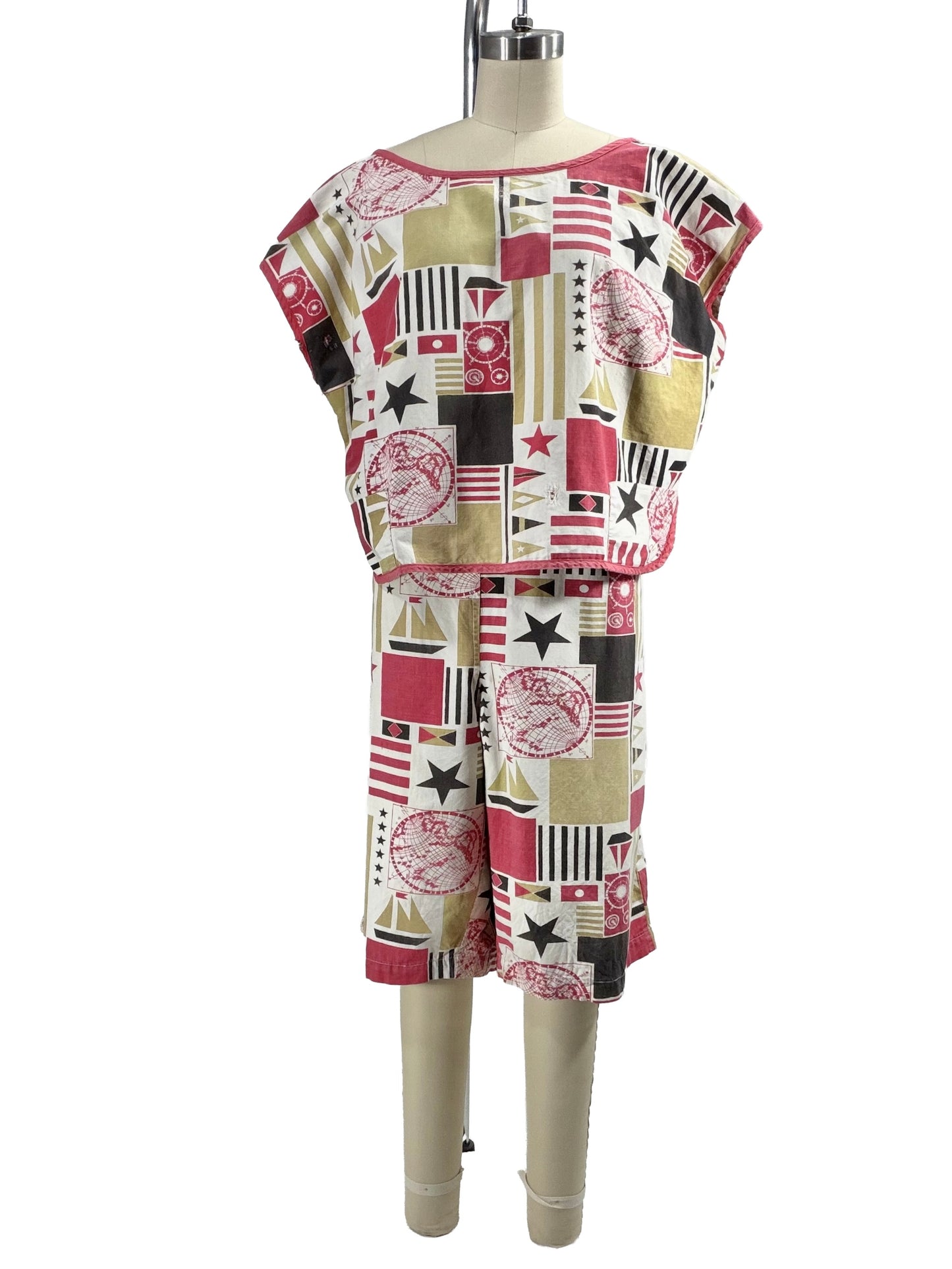 1950s Red White Black Tan Nautical Print Repair Work Cotton Playsuit