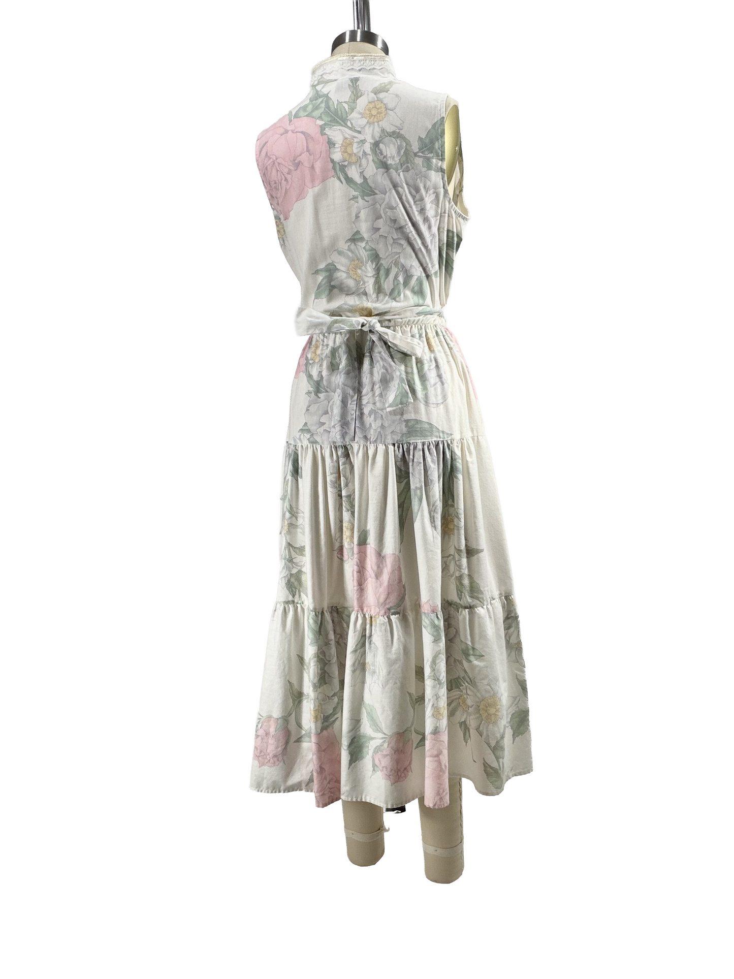 1980s White Floral Lace Pearly Trim Cotton Summer Dress
