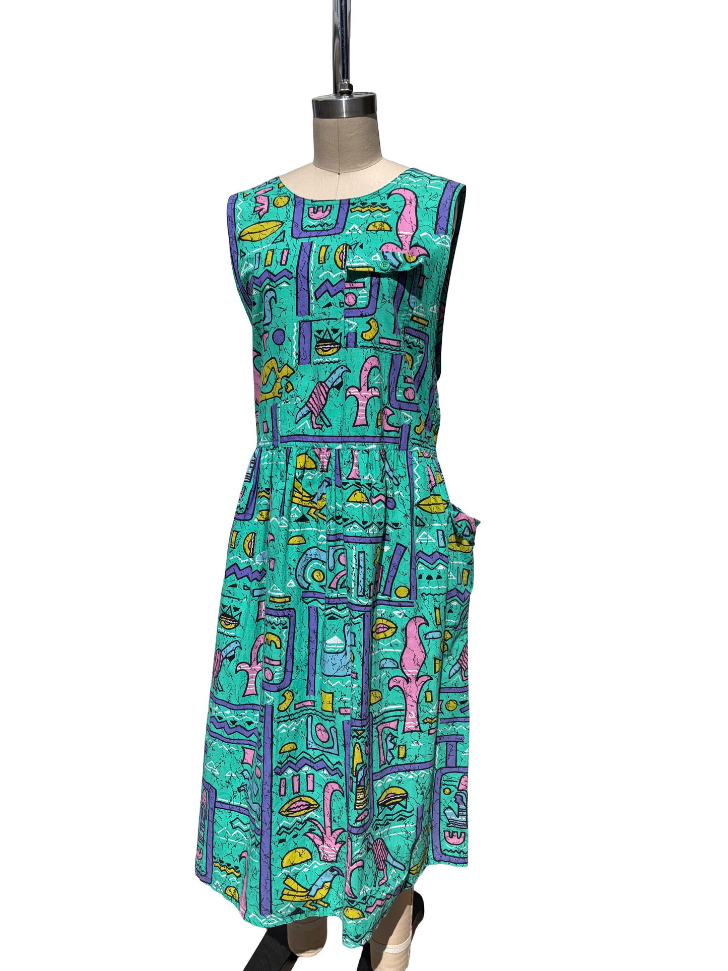 1980s Teal Purple Cracked Hieroglyphics Motif Cotton Jumper Dress