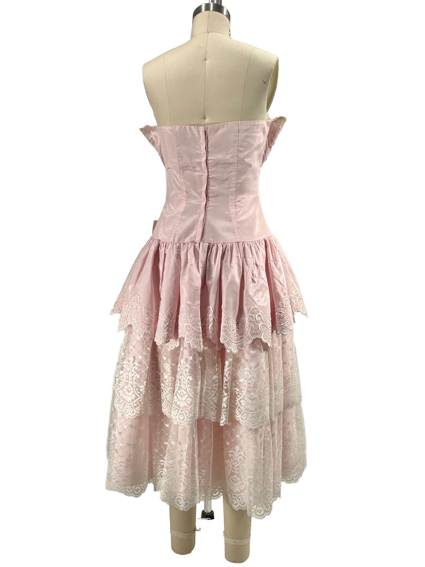 1980s Pink Lace Taffeta Strapless Party Dress