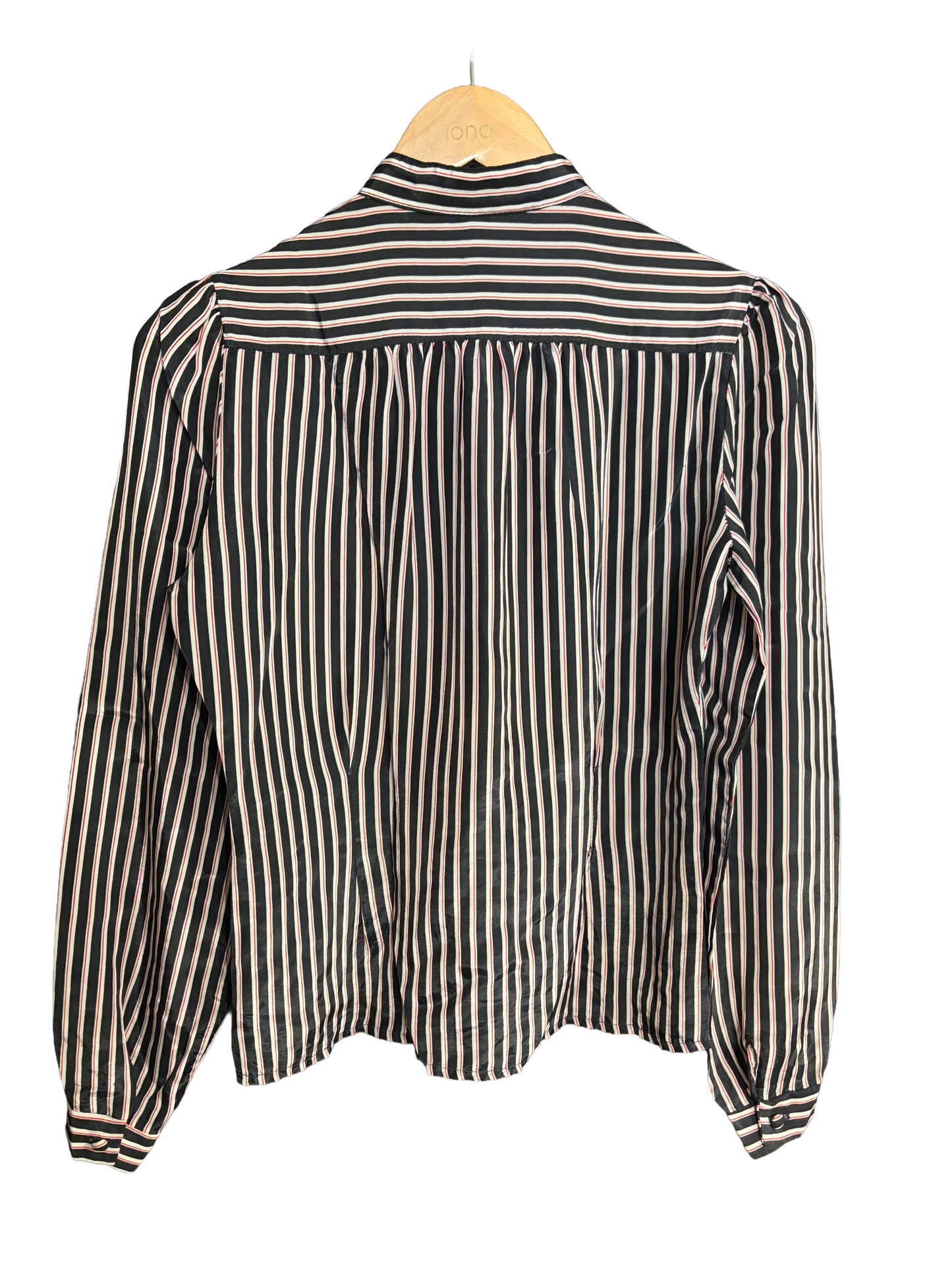 1980s Black White Red Stripe Poly Satin Stand Collar Blouse