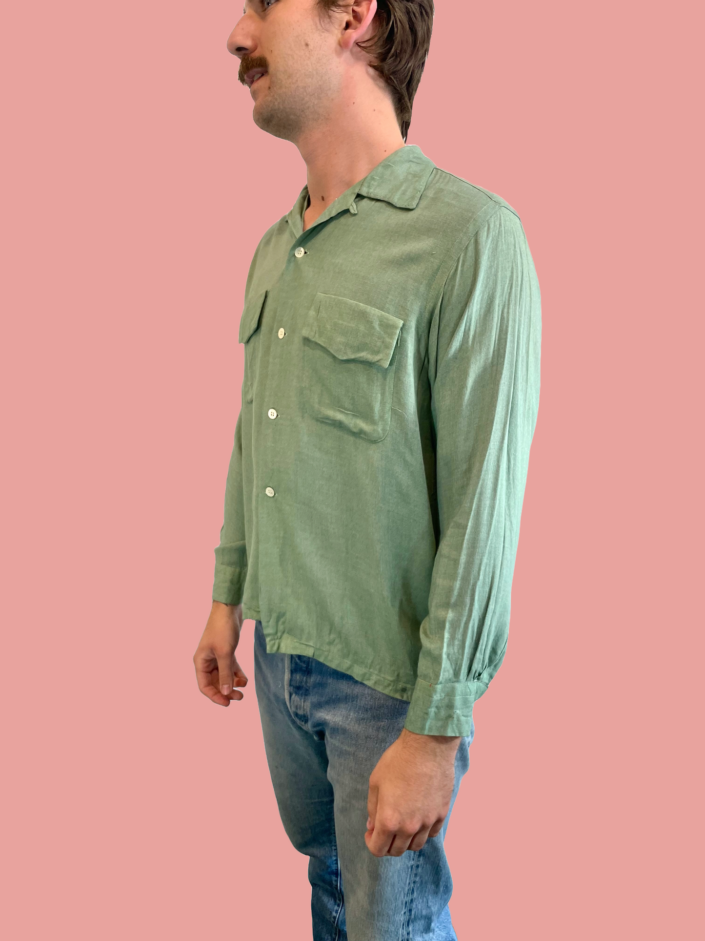 1950s XL Moss Green Gabardine Rayon Satin-Yoke Loop Collar Shirt
